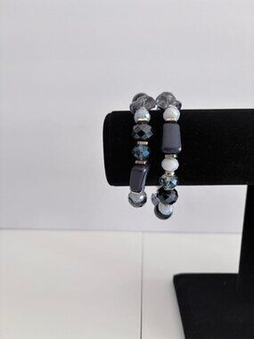 Navy Blue Crystal Stretch Bracelet Set 2-Strand Beaded Silver Tone Boho Chic